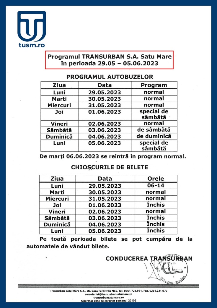 program transurban 1 iunie